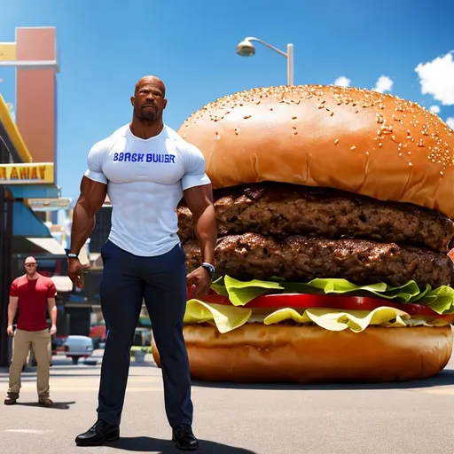Prompt: Terry Crews starring in an advertisement for a 10 foot tall burger, absurd res, 4k, 8k, 16k, photorealistic, 