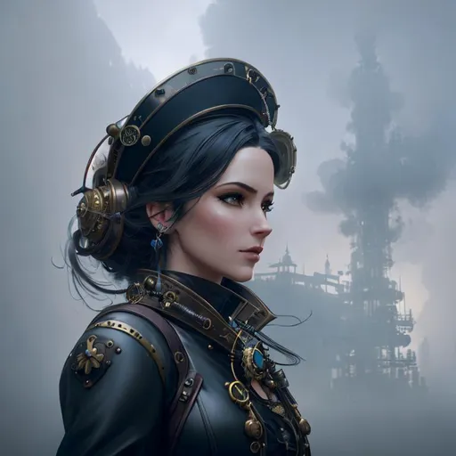 Prompt: Professional painting of a beautiful steampunk woman, steampunk outfit and accessories, in a fog clouds created by robotic machines, hyperrealism, photorealistic, 8k, unreal engine --ar 9:16 --niji 5 --style expressive --s 400, by Jeremy Mann, Rutkowski, and other Artstation illustrators, intricate details, face, full body portrait, headshot, illustration, UHD, 4K