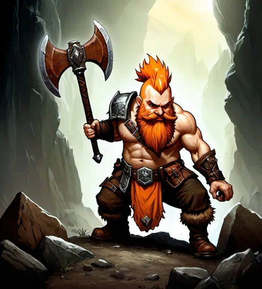 Prompt: illustration of Warhammer fantasy RPG style fierce dwarf warrior, bare chest, orange mohawk and beard, holding battle-worn axes, dramatic lighting casting deep shadows, rich earthy tones, high quality, epic fantasy, detailed beard, rugged, weathered look, heroic, fantastical, immersive setting