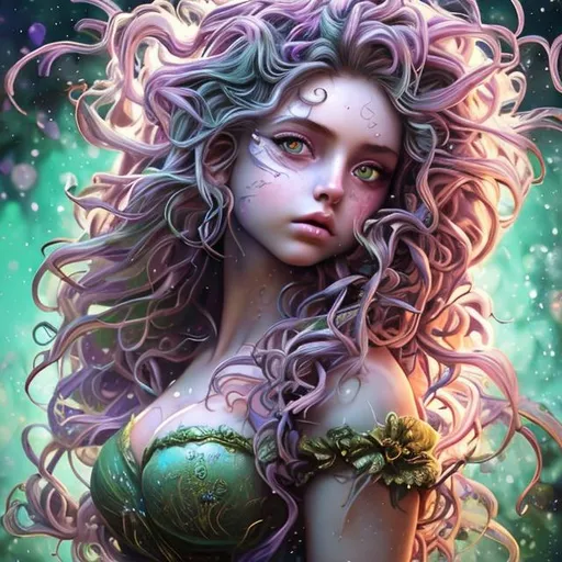Prompt: Splash art masterpiece of a female posing young fairy woman with ((hyperdetailed wild hair)) and ((hyperdetailed green eyes)) and beautiful hyperdetailed feminine soft face and big lips, backlit, intricately hyperdetailed hair subsurface scattering, showing a little cleavage and visible abdominal muscles, abs, toned body, bokeh purple lavender field background, cinematic lighting, backlight, action shot, intricately hyperdetailed, perfect face, perfect body, perfect anatomy, hyperrealistic, sharp focus, dark fantasy, volumetric studio lighting, occlusion, ultra-realistic, 3d lighting, beauty, sensual feminine romance, professional, sensual feminine, perfect composition, unreal engine 8k octane, 3d lighting, UHD, HDR, 8K, render, HD, trending on artstation, front view, 