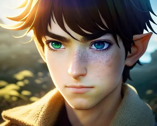 Prompt: portrait of a {person}, half-elf, male, shaved, green eyes, small freckles, smooth soft skin, slightly wide eyes, curly light colored hair, symmetrical, teenager, round face, elf ears, happy, soft lighting, detailed face, by makoto shinkai, stanley artgerm lau, wlop, rossdraws, concept art, digital painting, looking into camera, wizard robe, thick forest