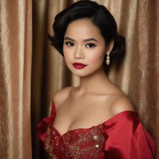Prompt: RAW photo, pretty young Indonesian woman, 25 year old, (round face, high cheekbones, almond-shaped brown eyes, epicanthic fold, small delicate nose, luscious lips, short bob black hair, light tan skin), red silk bustier style dress, perfect hourglass figure, looking directly at camera, background plush vintage interior, elegant, masterpiece, intricate detail, photorealism, 16K"