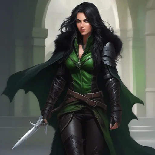 Prompt: dnd a female half-elf rogue with long wavy black hair and green eyes  wearing black leather armor and black fur cloak in the shadows