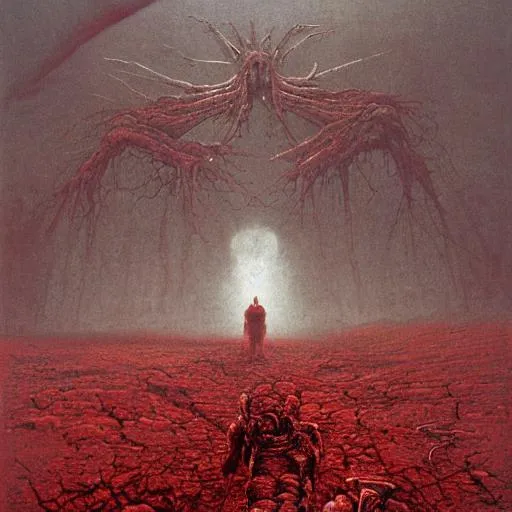 Prompt: A knight walking through a wasteland of flesh and bones, by Zdzisław Beksiński, dripping red oil, intricate, corpses, decay, despair, nightmare, haunting, rot, cursed, pain, suffering, torment, dreadful, surrealism, hyperrealism