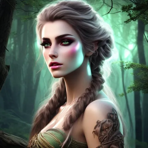 Prompt: HD 4k 3D 8k professional modeling photo hyper realistic beautiful demon woman ethereal greek goddess of lawlessness
pale green hair in updo brown eyes gorgeous face black skin barbarian dress headpiece tattoos full body surrounded by magical glowing light hd landscape background wilderness swamp weapons dirty 