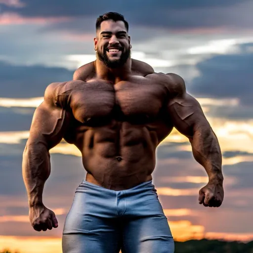 Prompt: Handsome giant hyper muscular bodybuilder packed with muscle fills the entire sky with his bulk, shoulders spread across the horizon, biceps larger than his head 