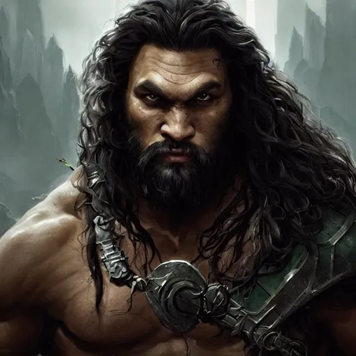 Prompt: Portrait painting of Jason Momoa as a half-orc barbarian. With grey-green skin tone and elf ears. by Greg Rutkowski and Craig Mullins, Dark atmospheric and cinematic lighting