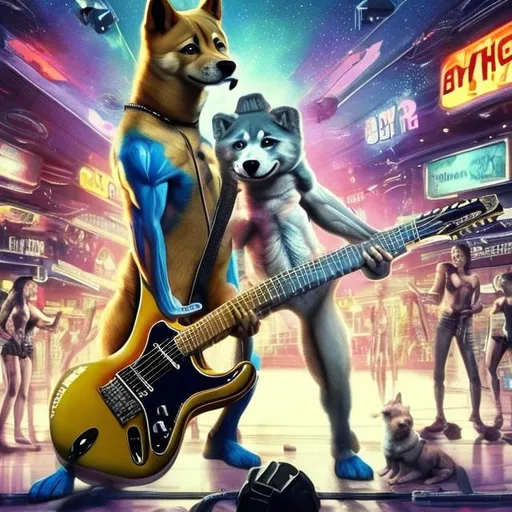 Prompt: Bodybuilding Doge playing guitar for tips in a busy alien mall, widescreen, infinity vanishing point, galaxy background