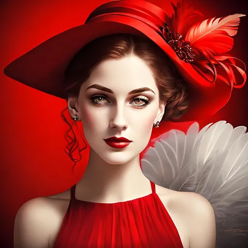 Prompt: fashionable 1st class  female passenger on the Titanic, pale skin, dark styled hair, large lips,  looking sad, facial closeup, vibrant colors, red dress and elaborate hat with feathers
