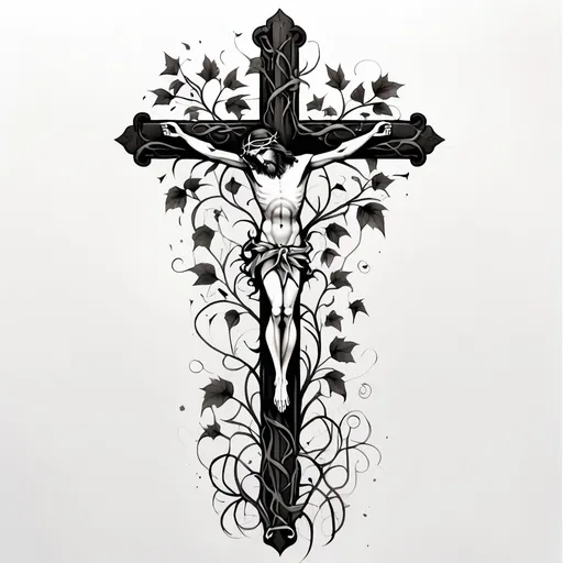 Prompt: a cross with a jesus on it and vines around it on a white background with a black border around it, Carlos Trillo Name, gothic art, tattoos, a tattoo