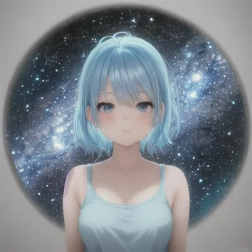 Prompt: "light blue hair, cute girl, tank top, Cute and adorable cartoon anime girl, fantasy, dreamlike, surrealism, super cute, adorable, round, trending on artstation, stars and galaxys digital art soft, close-up, upper body, light blue hair"