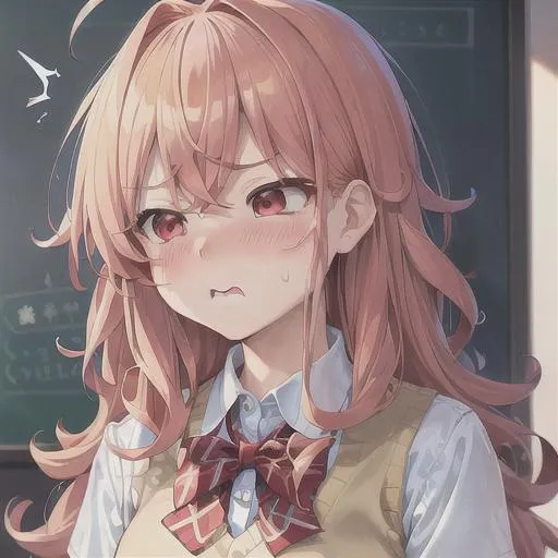 Prompt: (masterpiece, illustration, best quality:1.2), blushing, loli, tsundere, cute, tsundere, frustrated tsundere expression, looking away in a flustered state, curly yellow hair, red eyes, wearing school uniform, best quality face, best quality, best quality skin, best quality eyes, best quality lips, ultra-detailed eyes, ultra-detailed hair, ultra-detailed, illustration, colorful, soft glow, 1 girl, leading into a desk