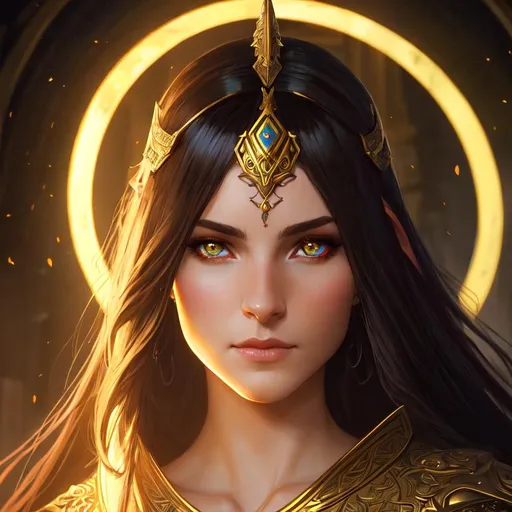 Prompt: Diablo. Portrait of a royal elven guard. Female elf with shining yellow eyes. Magic. Dark room. Low light., Greg Rutkowski, John William Waterhouse, Alphonse Mucha,. (vibrant colors:4), full hd, high quality, 4k, trending on artstation, oil painting, symmetrical, intricate, highly detailed, cell shaded