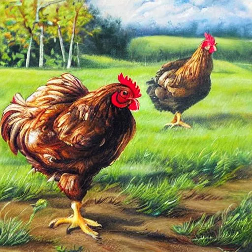 Prompt: chicken on a farm realistic painting





