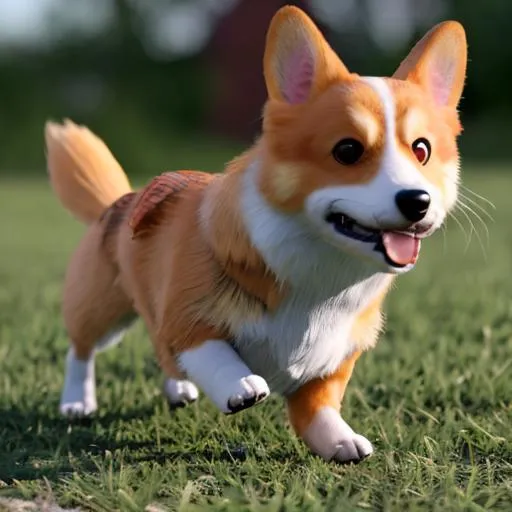 Prompt: Corgi, wearing a cannon,  running, windy, fluffy, 
