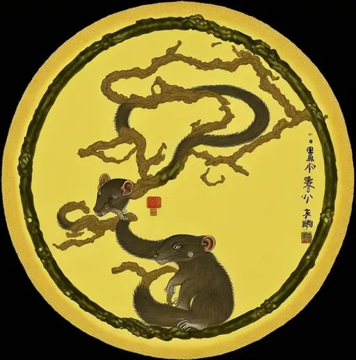 Prompt: Japanese Mon of the silhouette of a Mongoose, Dark Green, Legend of the Five Rings, Asian Aesthetic, L5R, charcoal drawing, digital illustration, ink drawing