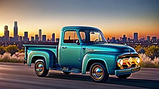 Prompt: A driver in 1953 Ford F-100 Panel Truck. On the I-10 Freeway in heavy traffic heading towards Downtown Los Angeles. Golden hour. 