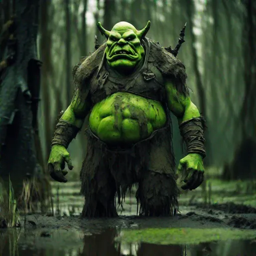 Prompt: Tall green ogre in a swamp filled with mud