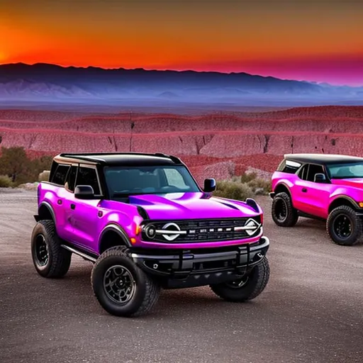 Prompt: A neon purple 2022 ford bronco, parked beside a neon red 1969 mustang on Rocky Mountains overlooking a bright and vibrant, orange, red, pink sunset.