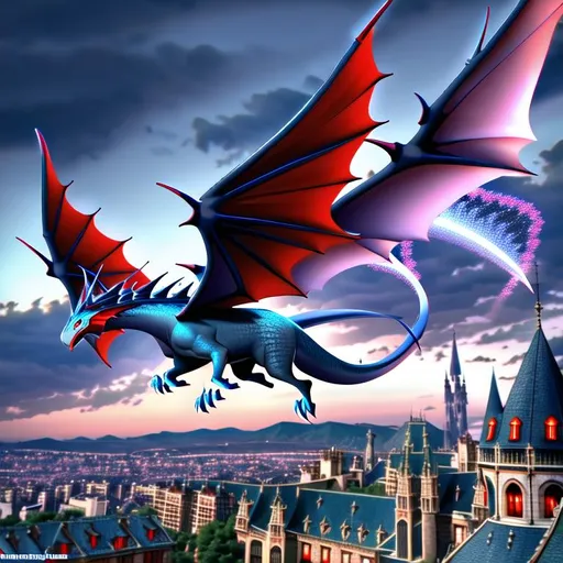 Prompt: Wyvern floating in the air, the character has deep blue scales detailed, Dark red eyes detailed, full body, good quality, realistic, medieval city in ruin in the background, lightning striking medieval city in the background, mountains in background behind city, good quality, realistic