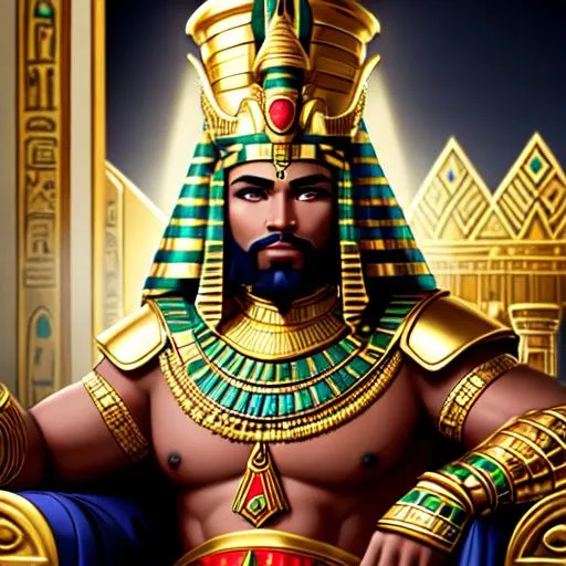 Prompt: A dark skin Dwarven Pharoah wearing gold and blue and green and red ancient Egyptian/Roman style pharoah's armor sitting on a gold throne in a pyramid. red hair, green eyes, lots of gold jewelry and black egyptian style makeup.