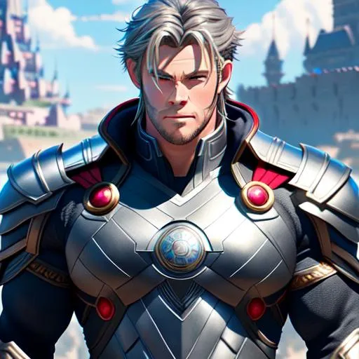 Prompt: 64K, centered position Full body of Chris Hemsworth, Warrior Armor, perfect eyes, grey hair, symmetrical, lighting, detailed face, by makoto shinkai, stanley artgerm lau, wlop, rossdraws, concept art, digital painting, looking into camera, intricate ornament on his suit, castle background, colorful ambient, colorfull, HDR, 64K