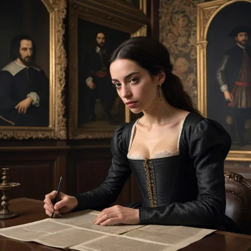 Prompt: "Ana de Mendoza, a woman with an eye patch on her right eye, involved in clandestine political intrigue, meeting with Antonio Pérez in a dimly lit room filled with documents and maps, dressed in subtle, dark attire, conveying secrecy and tension, with a backdrop of the shadowy, sophisticated interior of a 16th-century Spanish palace, hyper-realistic, photo realism, cinematography --ar 9:16"