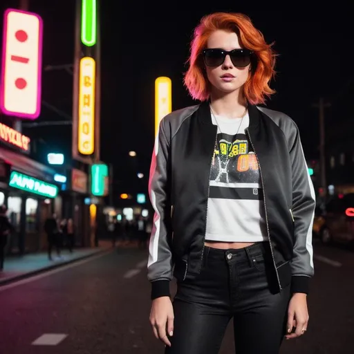 Prompt: ((ginger side swoop haired woman)) wearing (((black jeans, and black and gray varsity jacket))), (wearing sunglasses), freckles, standing in neon (cyberpunk city) at night, detailed hands