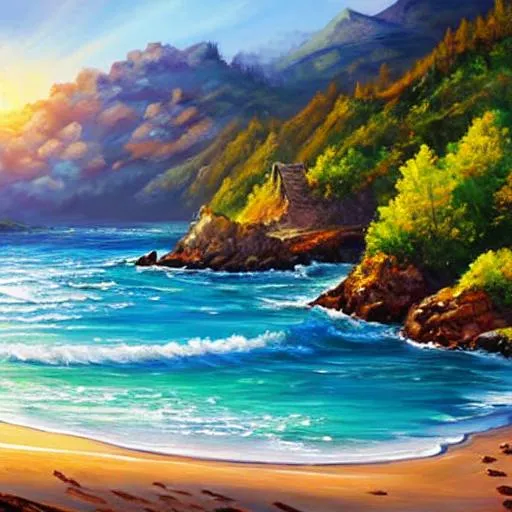 Prompt: a beautiful oil painting of a view of beautiful fantasy beach with the sun shining brightly, D&D, fantasy, highly detailed, digital painting, artstation, smooth, sharp focus, illustration, art  4K 8K