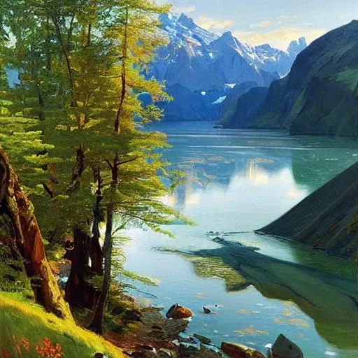 Prompt: Alaska landscape by peder mork monsted, detailed, stream
