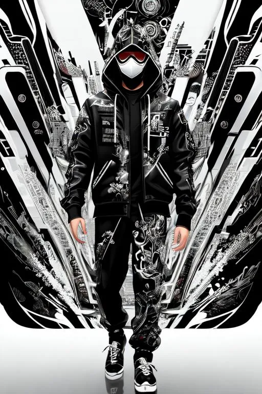 Prompt: full body portrait front view, looking from below,

semi-transparent splash ink painting atompunk hallyu hyperdetailed intricate elaborate digital artlines white pastel contrast graffiti vector background,

masterpiece best quality hyperdetailed 2D 1 man manhua, streetwear outfit, mask, walking,

ray tracing reflections, futurism, atompunk, hallyu,

2D vector art, album cover art, wallpaper art, clean art, digital art, splash art, 2D vector illustration, digital painting,

colorful palette, limited palette,

centered, middle,