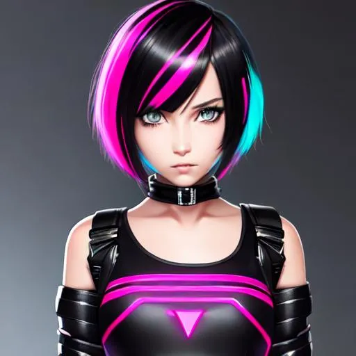 Prompt: cyber punk, insanely beautiful 12 year old girl. black with pink streaks bob cut hair.  wearing a tight black top and black jeans. perfect grey eyes. perfect anatomy. symmetrically perfect face. hyper realistic. soft colours. no extra limbs or hands or fingers or legs or arms. full body view.