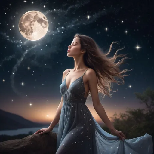 Prompt: In a serene setting beneath a canopy of twinkling stars, a beautiful woman stands illuminated by the soft glow of the moonlight. Her silhouette is striking against the dark night sky, creating a captivating contrast that accentuates her elegance and grace.

She has flowing hair that seems to shimmer and dance in the gentle night breeze, reflecting the subtle light of the stars above. Her eyes sparkle with a mysterious allure, mirroring the constellations that dot the sky.

Her attire is simple yet elegant, a flowing dress that seems to mimic the movement of the night sky itself. It billows gently around her as she stands, creating a dreamlike aura that adds to her ethereal beauty.

As she gazes up at the stars, a sense of wonder and awe fills her expression. Her connection to the universe is palpable, as if she holds a secret understanding of the mysteries of the cosmos.

Surrounded by the beauty of the night sky, this woman embodies the timeless allure of the heavens. Her presence is both calming and enchanting, making her a mesmerizing focal point against the backdrop of the starry night.

The night has a blood moon feel.









