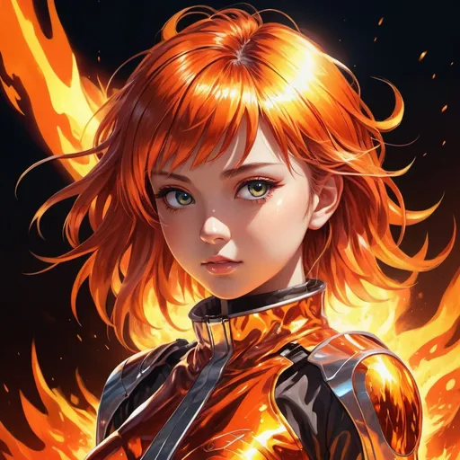 Prompt: Anime illustration of a girl in a metal fire outfit resembling the sun, vibrant and metallic color palette, intense flames surrounding her, detailed metallic texture with fiery reflections, intense and focused gaze, high-tech futuristic setting, best quality, highres, ultra-detailed, anime, vibrant colors, fiery, futuristic, detailed texture, professional, atmospheric lighting