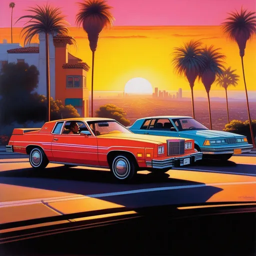 Prompt: 1980s, Los Angeles, neon, car chase, sunny weather, warm atmosphere, cartoony style, extremely detailed painting by Greg Rutkowski and by Henry Justice Ford and by Steve Henderson