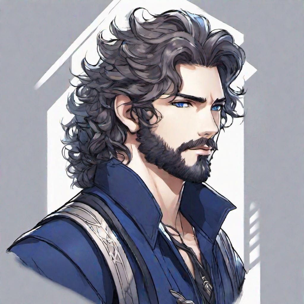 Prompt: curly hair, mullet, Final fantasy style, dark blue shirt, dark leather vest, stubble beard, face looking down, sapphire blue eyes looking up, concept art
