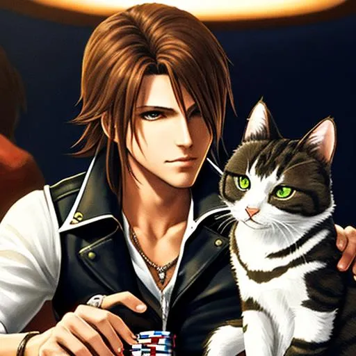 Prompt: Squall from Final Fantasy playing poker with an anthropomorphic cat