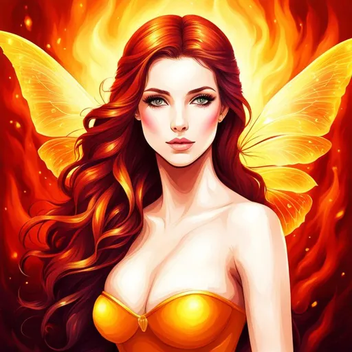 Prompt: fairy of fire colors, realistic,  fiery background, closeup