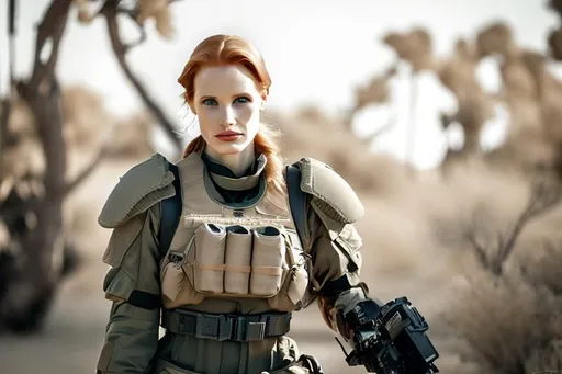 Prompt: monochrome beautiful jessica chastain, army combat correspondent, cameraman, army uniform, desert tan, scifi, futuristic, scifi armor