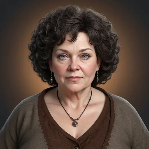 Prompt: hyper-realistic 66 year old female, she is fat, she has a round face shape, she has pale skin, she has blue grey eyes, she has close set eyes, She has very short dark chocolate hair, She hair is super curly and almost an afro, She has a very large nose,  fantasy character art, illustration, dnd,