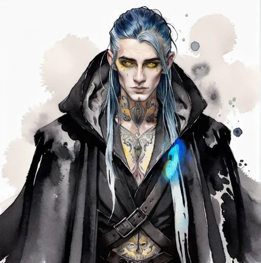 Prompt: a creature that looks like a handsome, young man, but has grey skin, long, blue hair, yellow glowing eyes and tattoos all over his body, wearing a long, black cloak