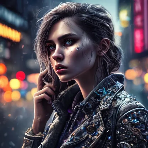Prompt: highly detailed woman, 64K, UHD, HDR, hyper realistic, lens 24mm, cinematic lighting, canon device, woman wearing trendy clothes, long shot type, city lights context, highly detailed clothes, highly detailed face, highly detailed eyes, long hair, epic composition, high resolution scan, absolutely real, epic proportion, crystal clear photograph.