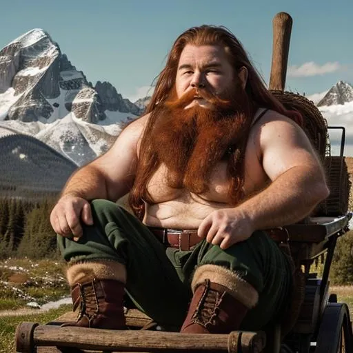 Prompt: best quality, professional picture, total, whole body,  young intelligent dwarf with a red insanely long beard sitting on an big cart, broad face, red hair, green eyes, adventurer, friendly, symmetrical detailed face, detailed skin texture, (blush:0.2), (goosebumps:0.3), dirt in the face, sturdy medieval adventurer clothes,  mountains in the background, RAW photo, 8k uhd, dslr, high quality, film grain, Leica 50mm, extremely detailed, natural lighting,