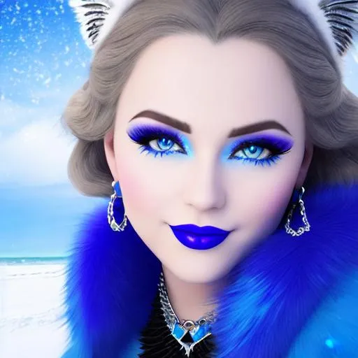 Prompt: Kristen Bell, Valkyrie, spell book, blue lipstick, snowy beach, windy and snowing, blue heart necklaces, Thick blue fur coat, Black Cape, pleasant face, blue eyes, Black-purple eyeshadow, long ice earrings. Cold color scheme, ultradetailed, 8k resolution, perfect, smooth, high quality, shiny. 