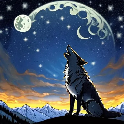 Prompt: A wolf howling at the full moon on the mountain on a starry night with a river flowing down below