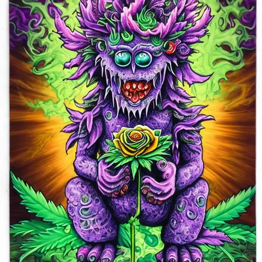 Prompt: psychadelic cannabis monster holding a rose
