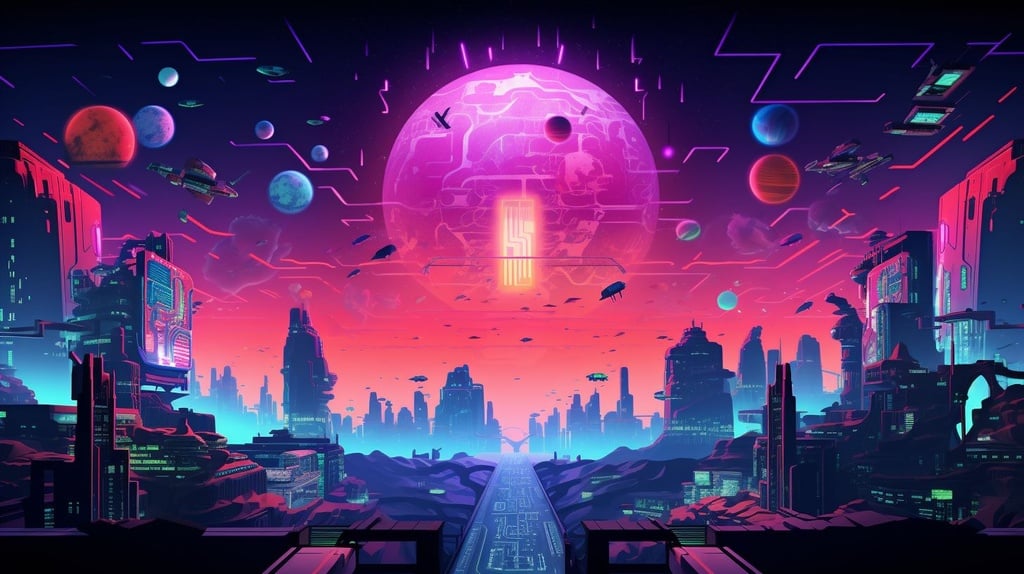Prompt: Imagine a digital landscape illuminated by neon glow, dotted with classic game sprites. The ground is made of pixel art patterns using a retro color palette. Floating power-ups shimmer in the distance. Retro fonts spell out 'Game Over' in the sky, reminiscent of a bygone arcade era. In the foreground, classic enemies await, cast in shades of retro futurism
