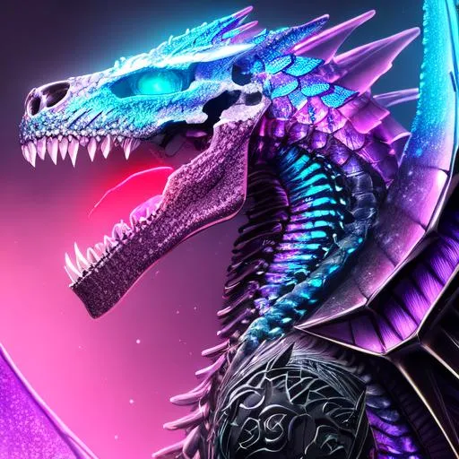 Prompt: Watercolor portrait of a roaring neon skeleton dragon with iridescent black markings, perfect composition, hyperrealistic, super detailed, 8k, high quality, trending art, trending on artstation, sharp focus, studio photo, intricate details, highly detailed