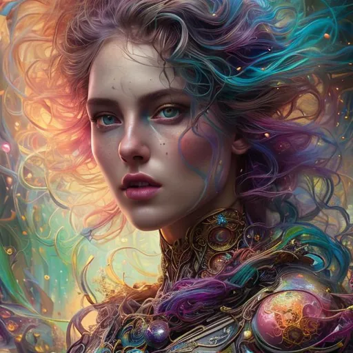Prompt: beautiiful Female colorful complex elemental entangled ethereal expansive fantastical fantasy fantasycore oil on canvas, 45 angle view Hyperrealisti style of Jay Anacleto style of Tom Bagshaw sharp focus 8K resolution bokeh dynamic lighting DSLR retouched hyperrealism colourful beautiful photorealistic, head and shoulders portrait