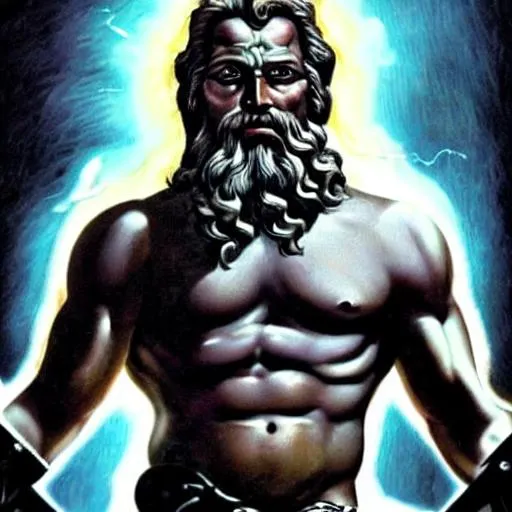 Prompt: Mythological god Zeus Looking like the terminator with a shotgun and has lightning bolts in his eyes